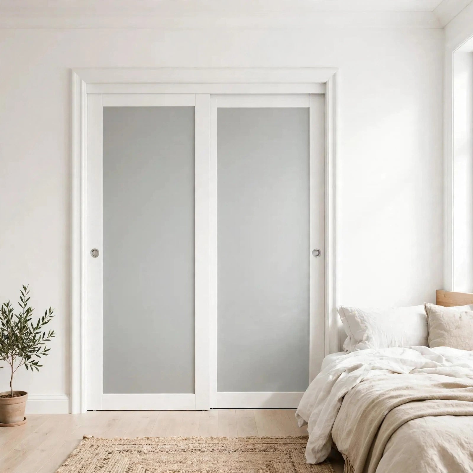 White framed frosted glass sliding closet doors in a Nordic bedroom