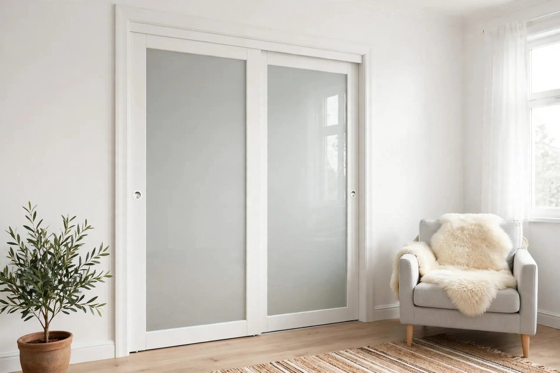 White framed frosted glass sliding closet doors in a Nordic bedroom