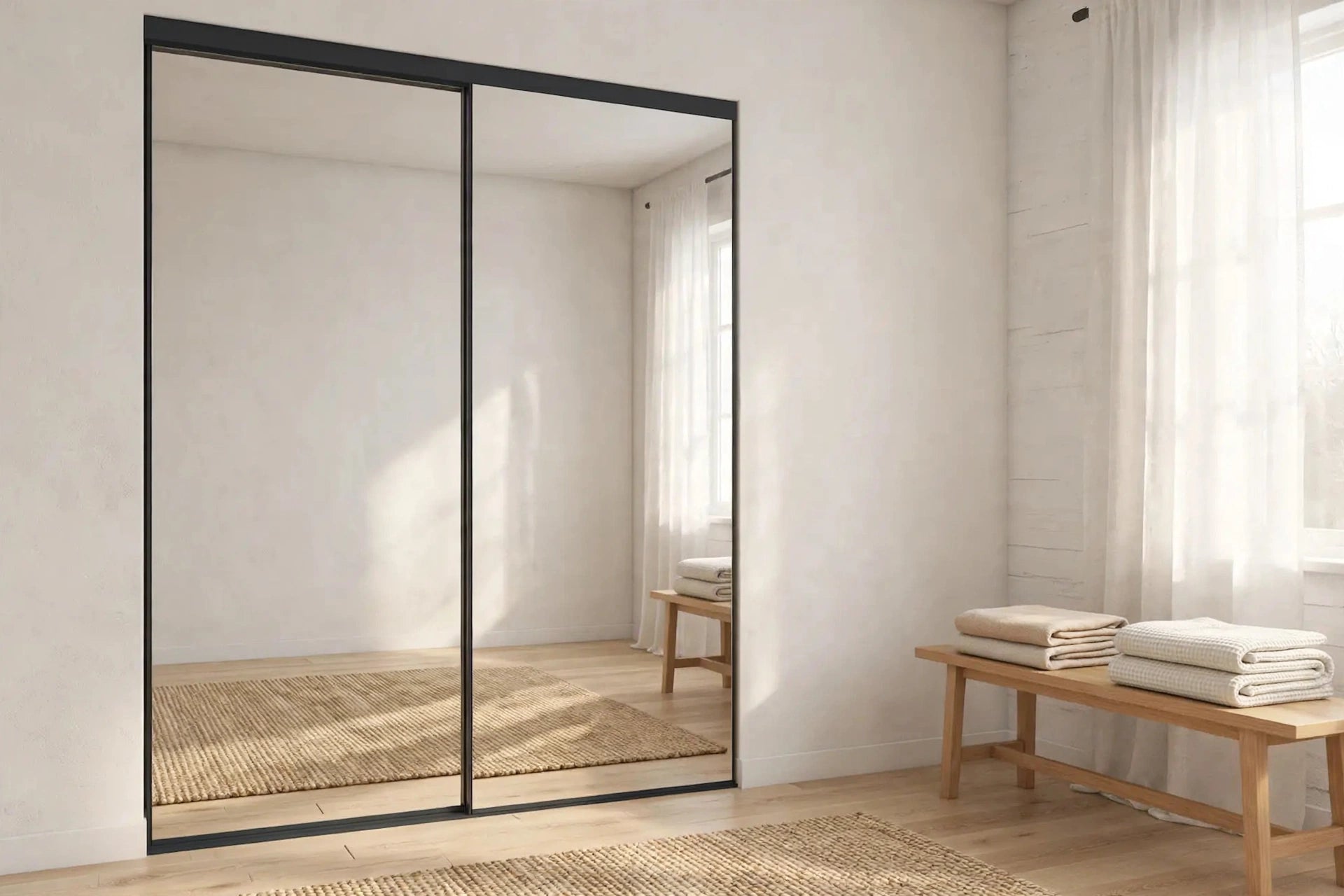 Mirrored closet doors with a matte black steel frame in a Nordic room