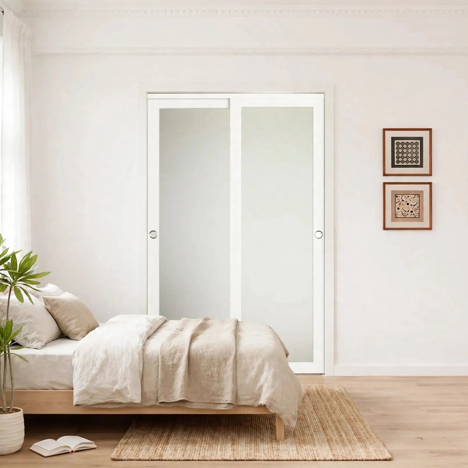 Frosted glass sliding door panels with white frames in a Nordic room