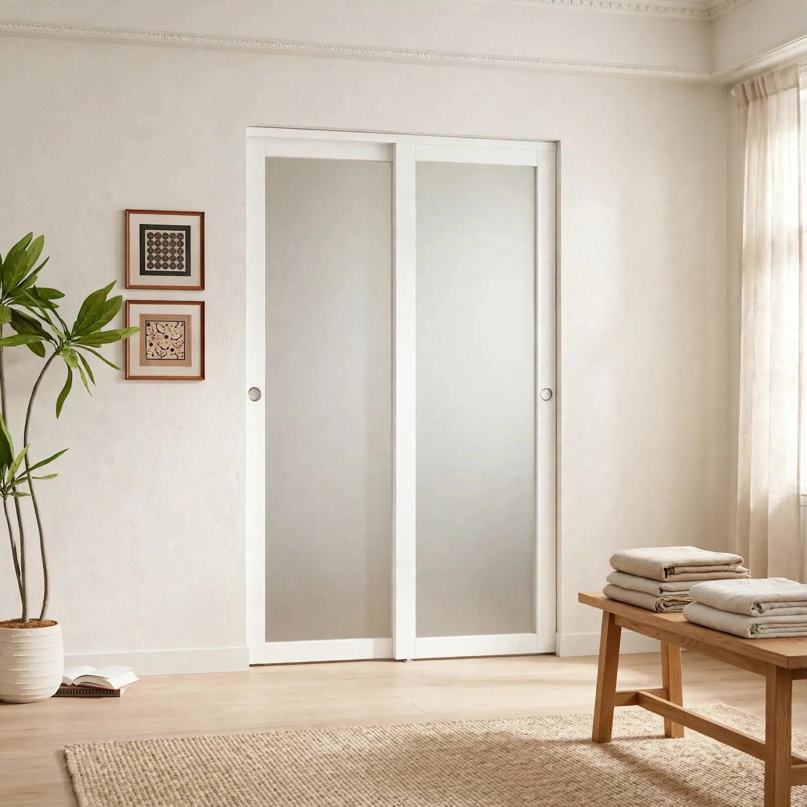Frosted glass sliding door panels with white frames in a Nordic room