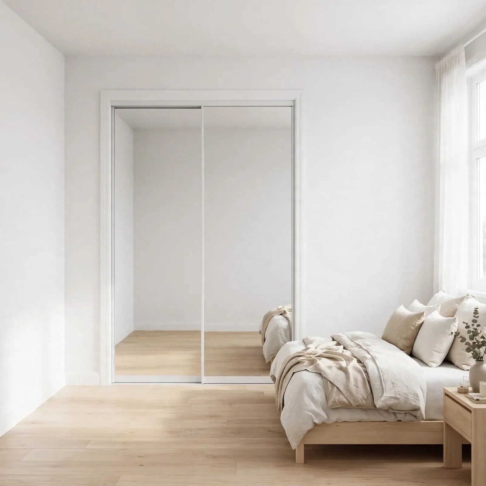 Full mirror sliding closet doors with white frames in a Nordic bedroom