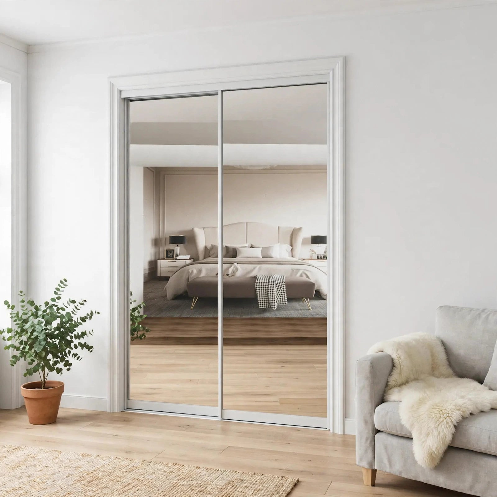 Full mirror sliding closet doors with white frames in a Nordic bedroom