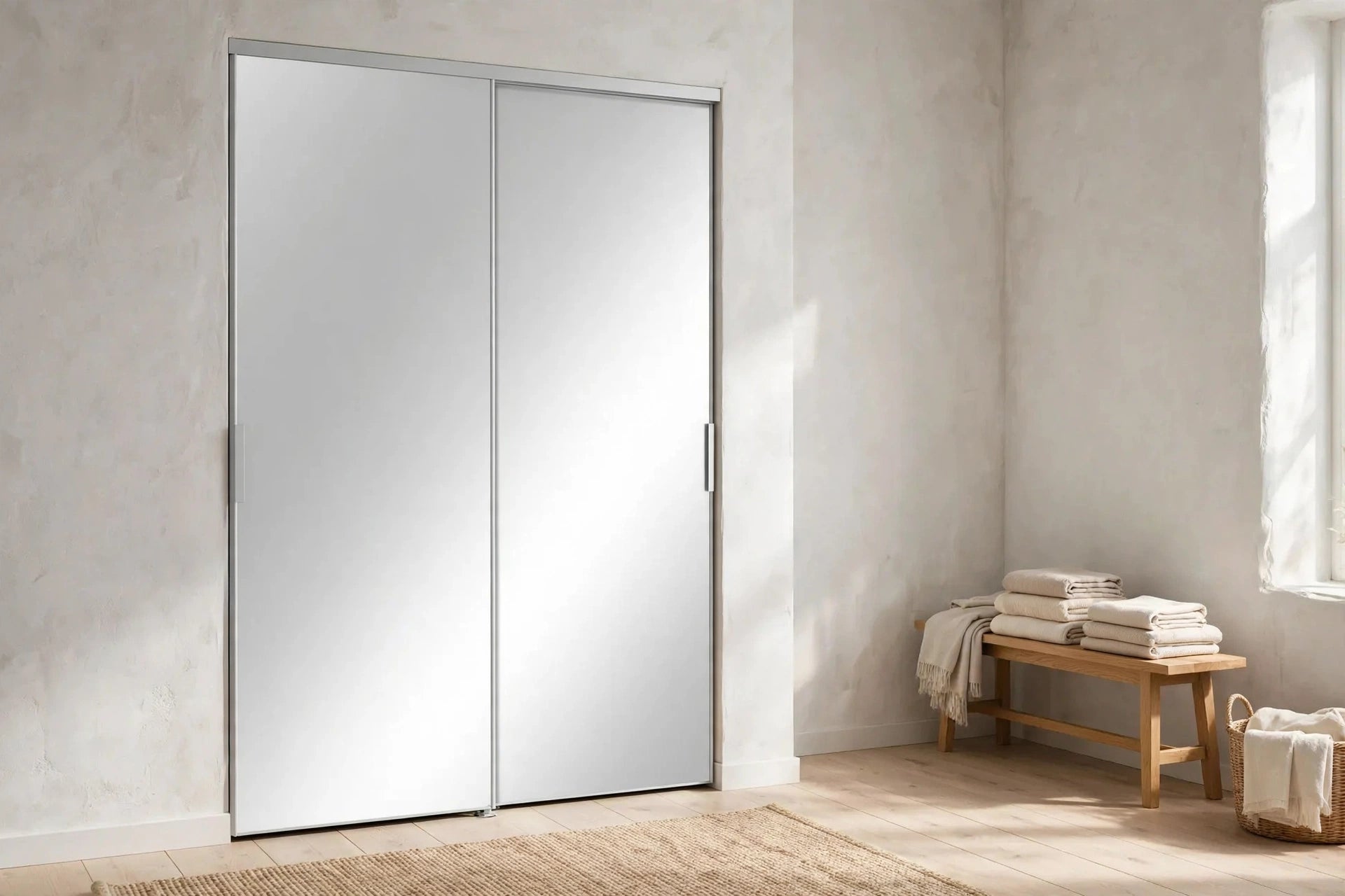 Full mirror sliding closet doors in a bright Nordic bedroom