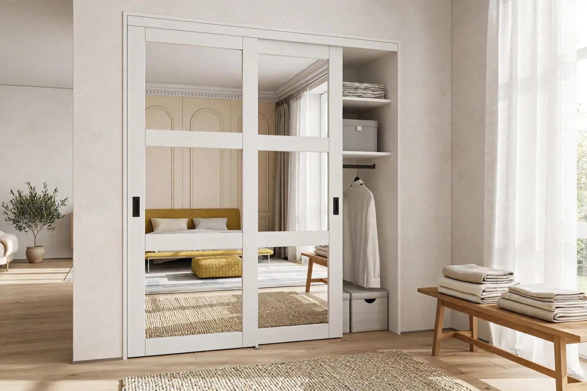Decorative white Urban Lace sliding closet doors in a Nordic room
