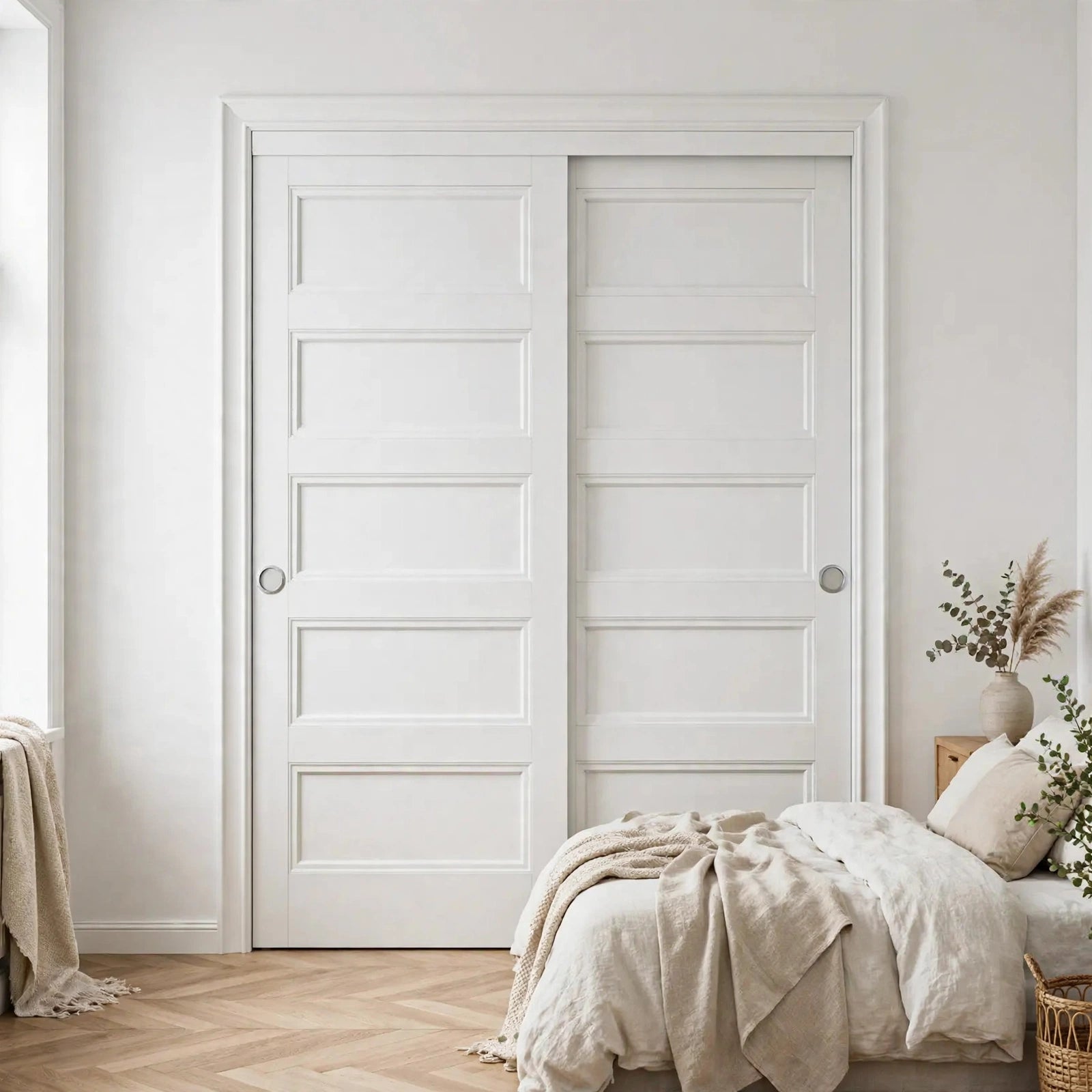 White five-panel sliding closet doors in a Nordic room