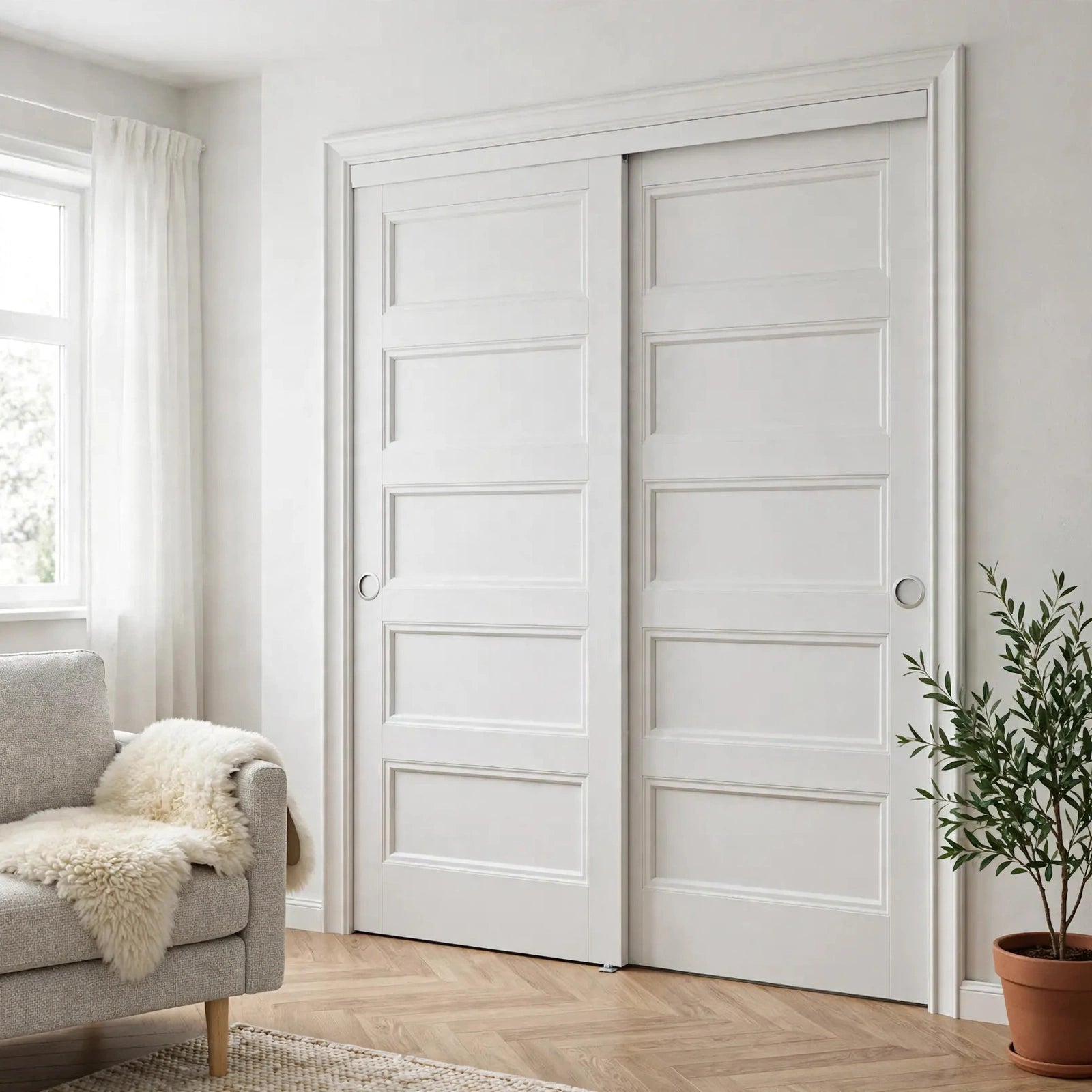 White five-panel sliding closet doors in a Nordic room