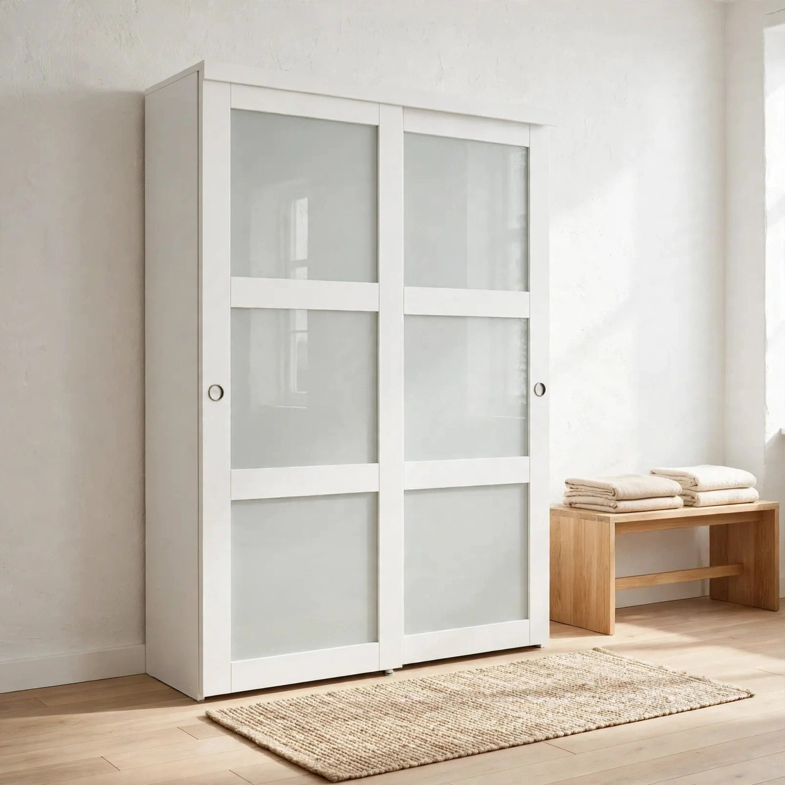 White framed frosted glass sliding closet doors in a Nordic bedroom