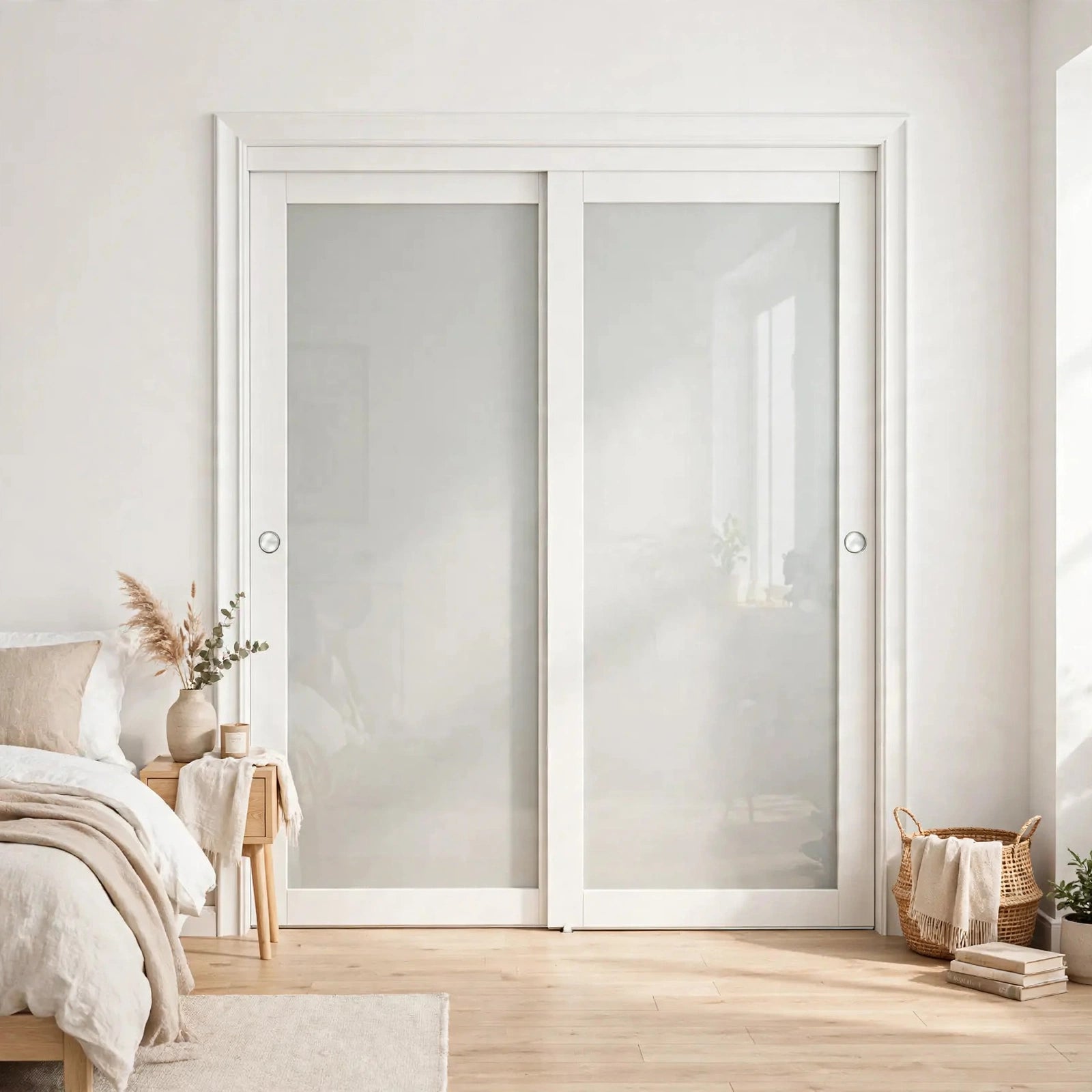One-lite frosted glass sliding closet doors in a Nordic bedroom