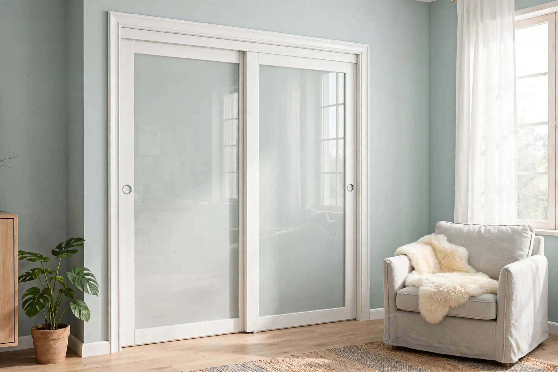 One-lite frosted glass sliding closet doors in a Nordic bedroom