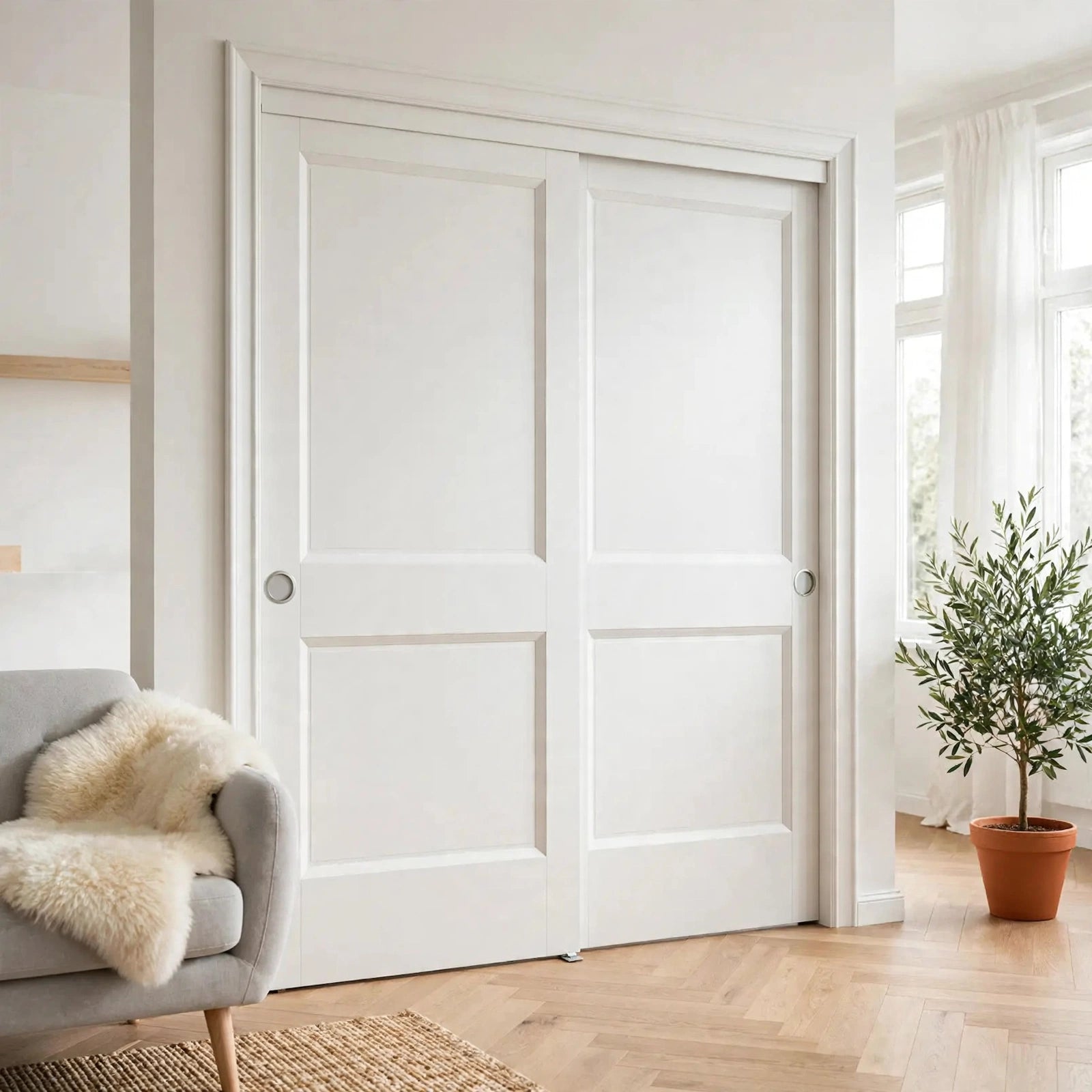 White two-panel sliding closet doors in a Nordic bedroom
