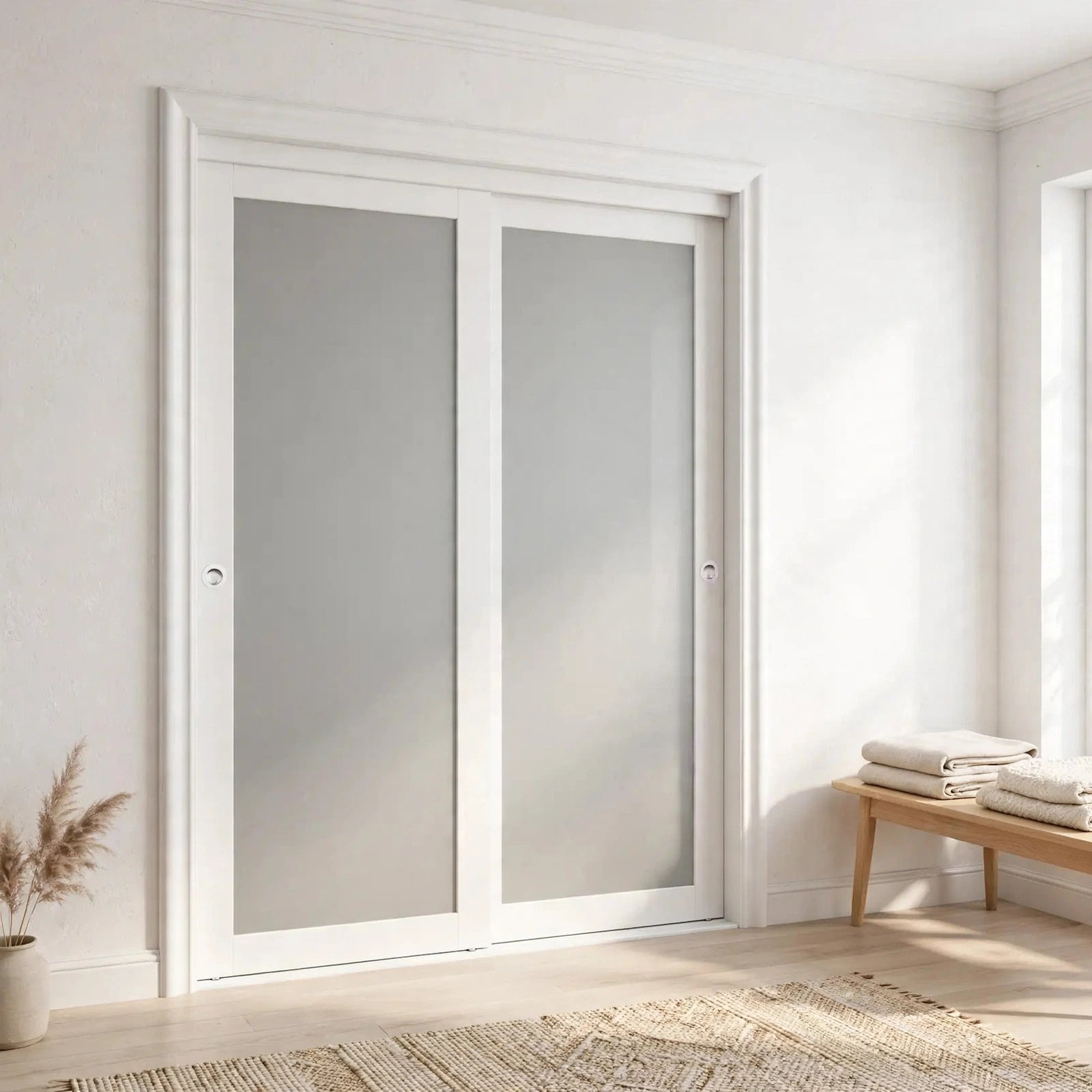 White framed frosted glass sliding closet doors in a Nordic bedroom
