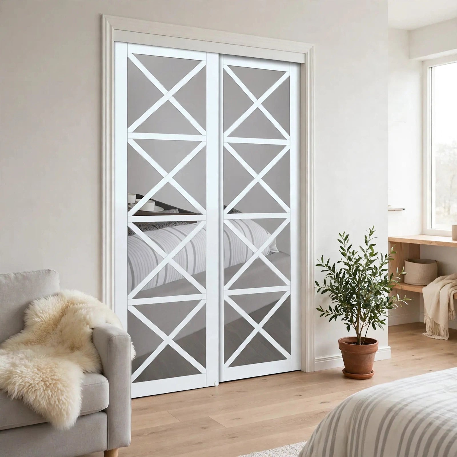 White K-shape sliding closet doors in a Nordic room