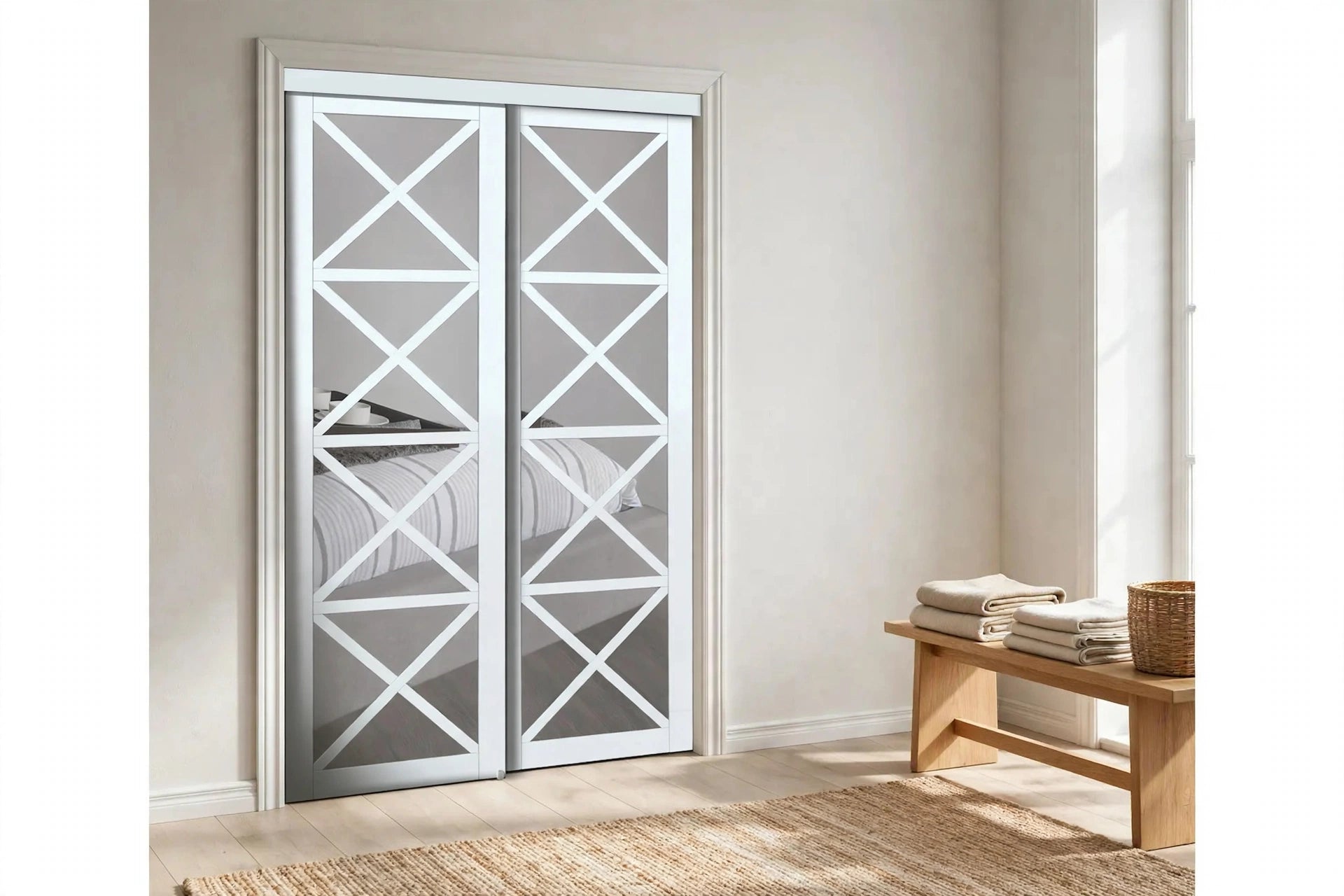 White K-shape sliding closet doors in a Nordic room