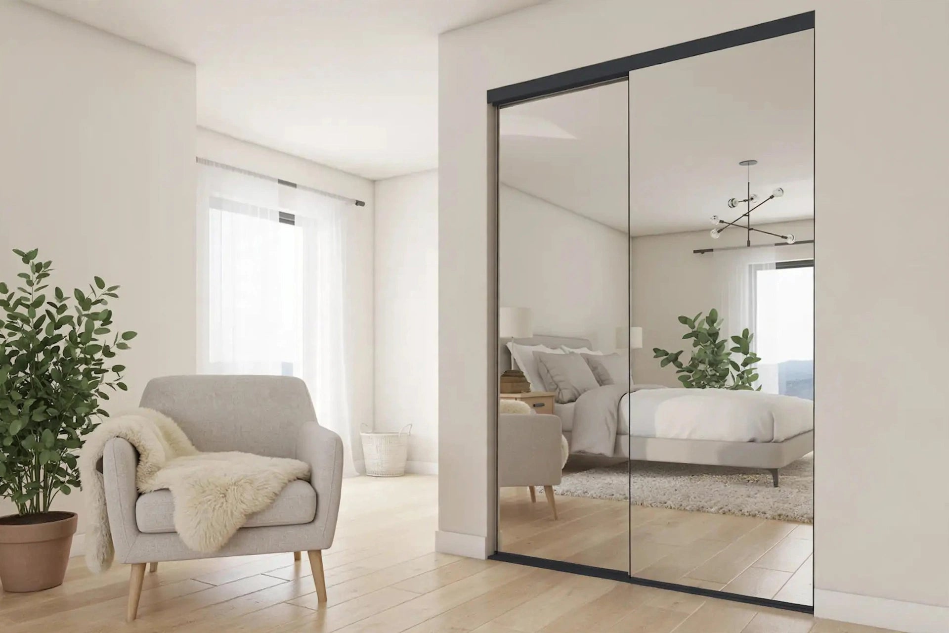 Mirrored closet doors with a matte black steel frame in a Nordic room