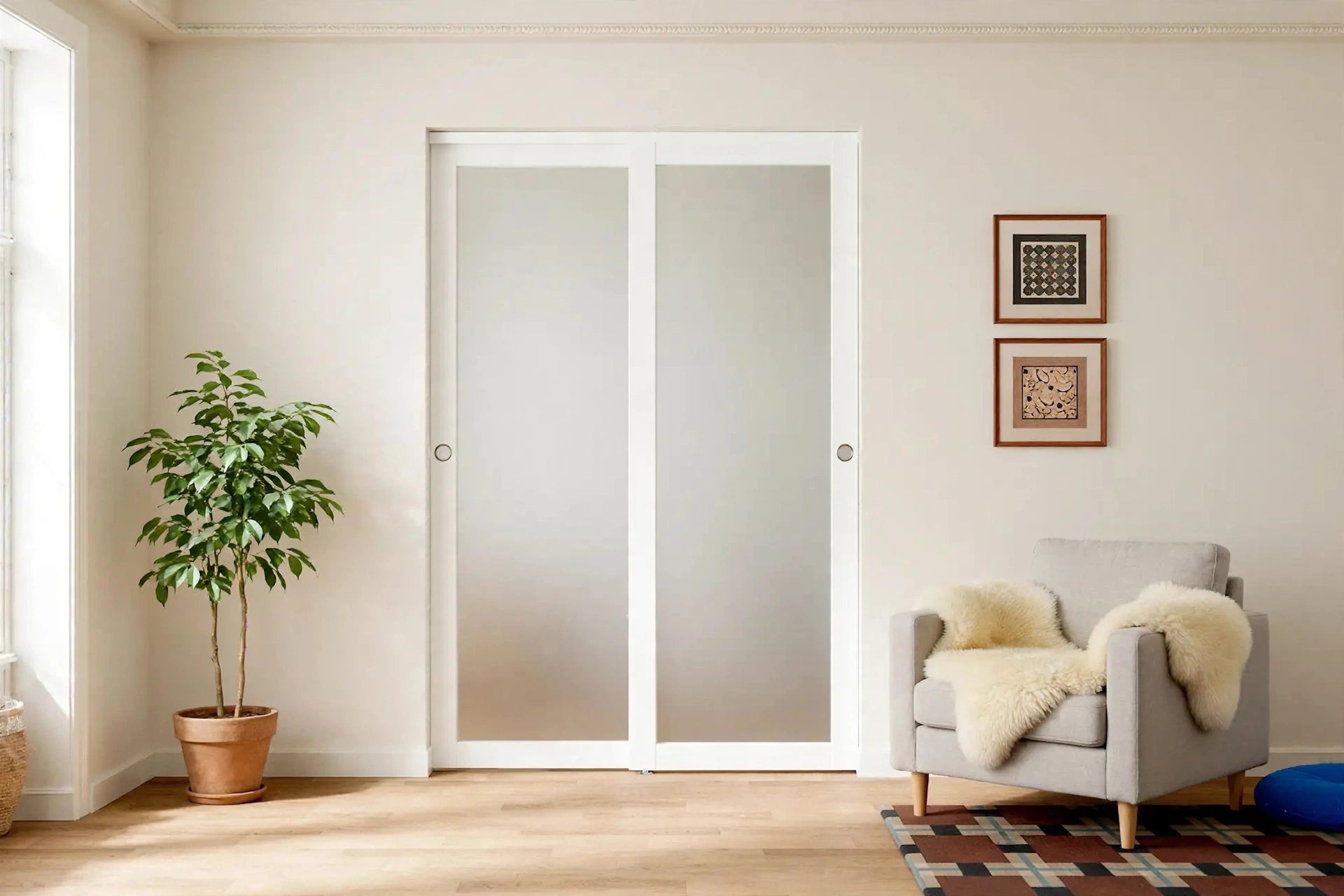 Frosted glass sliding door panels with white frames in a Nordic room