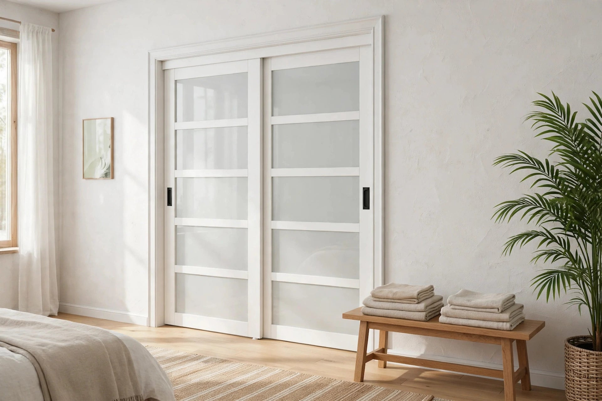 Five-lite frosted glass sliding closet doors with black handles in a Nordic room