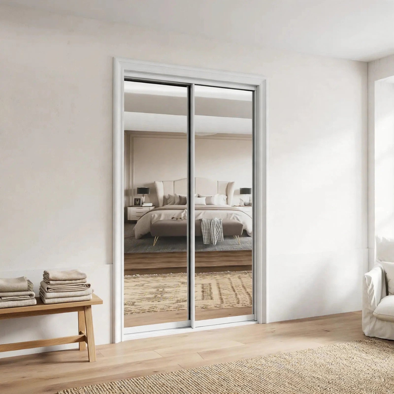 Full mirror sliding closet doors with white frames in a Nordic bedroom