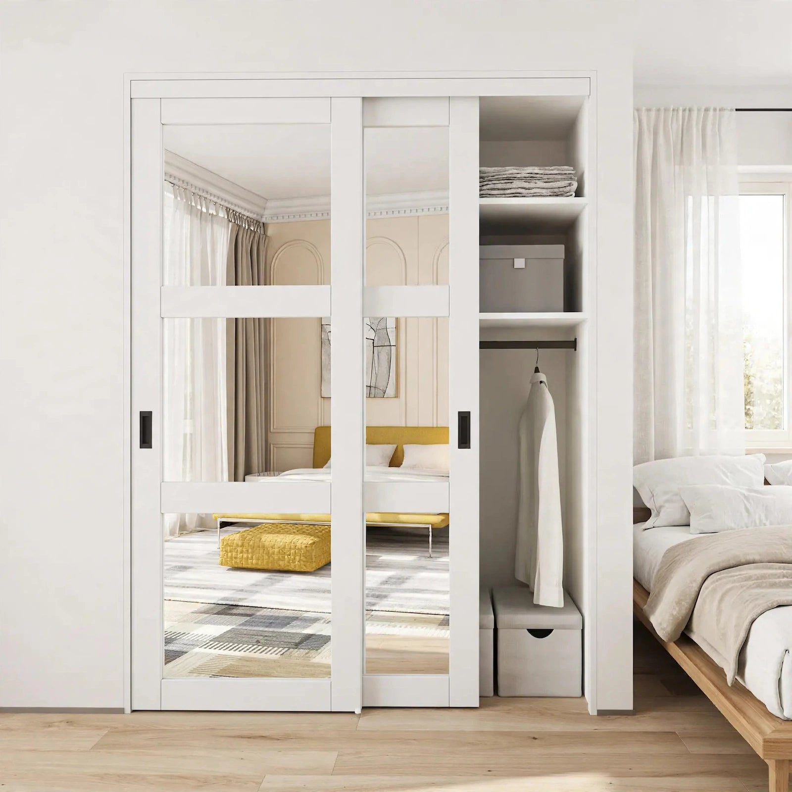 Decorative white Urban Lace sliding closet doors in a Nordic room