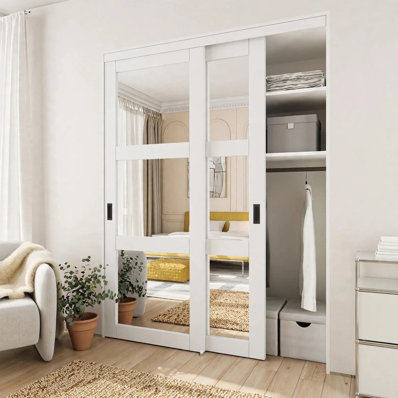 Decorative white Urban Lace sliding closet doors in a Nordic room