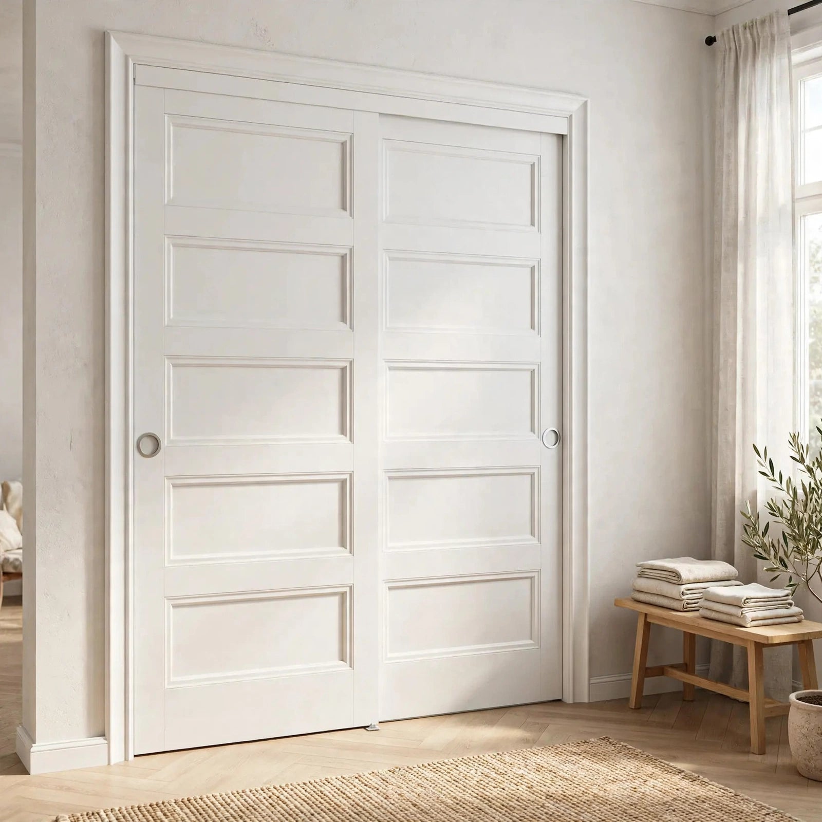 White five-panel sliding closet doors in a Nordic room