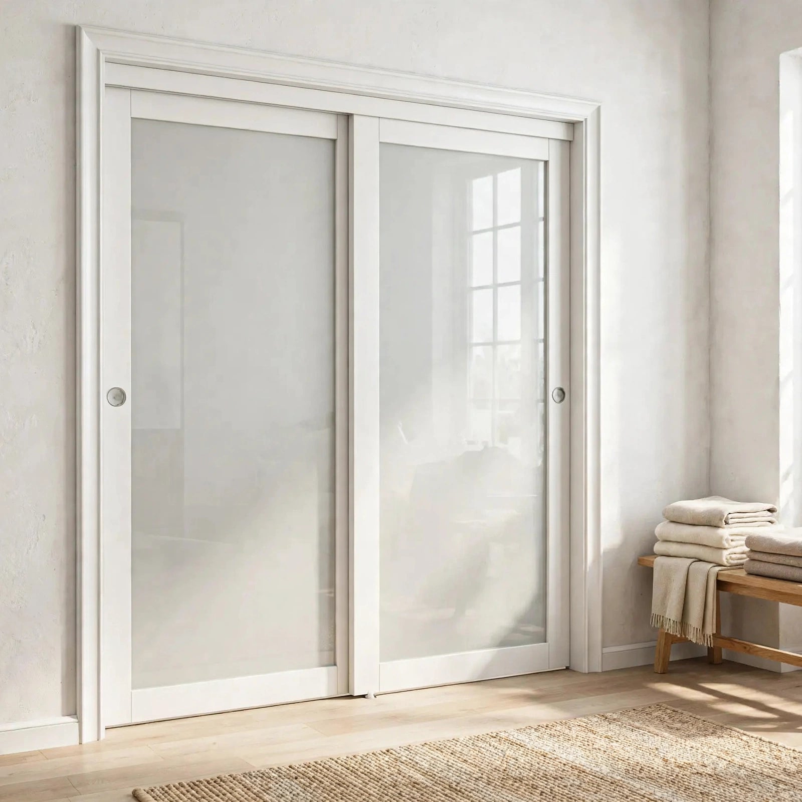 One-lite frosted glass sliding closet doors in a Nordic bedroom