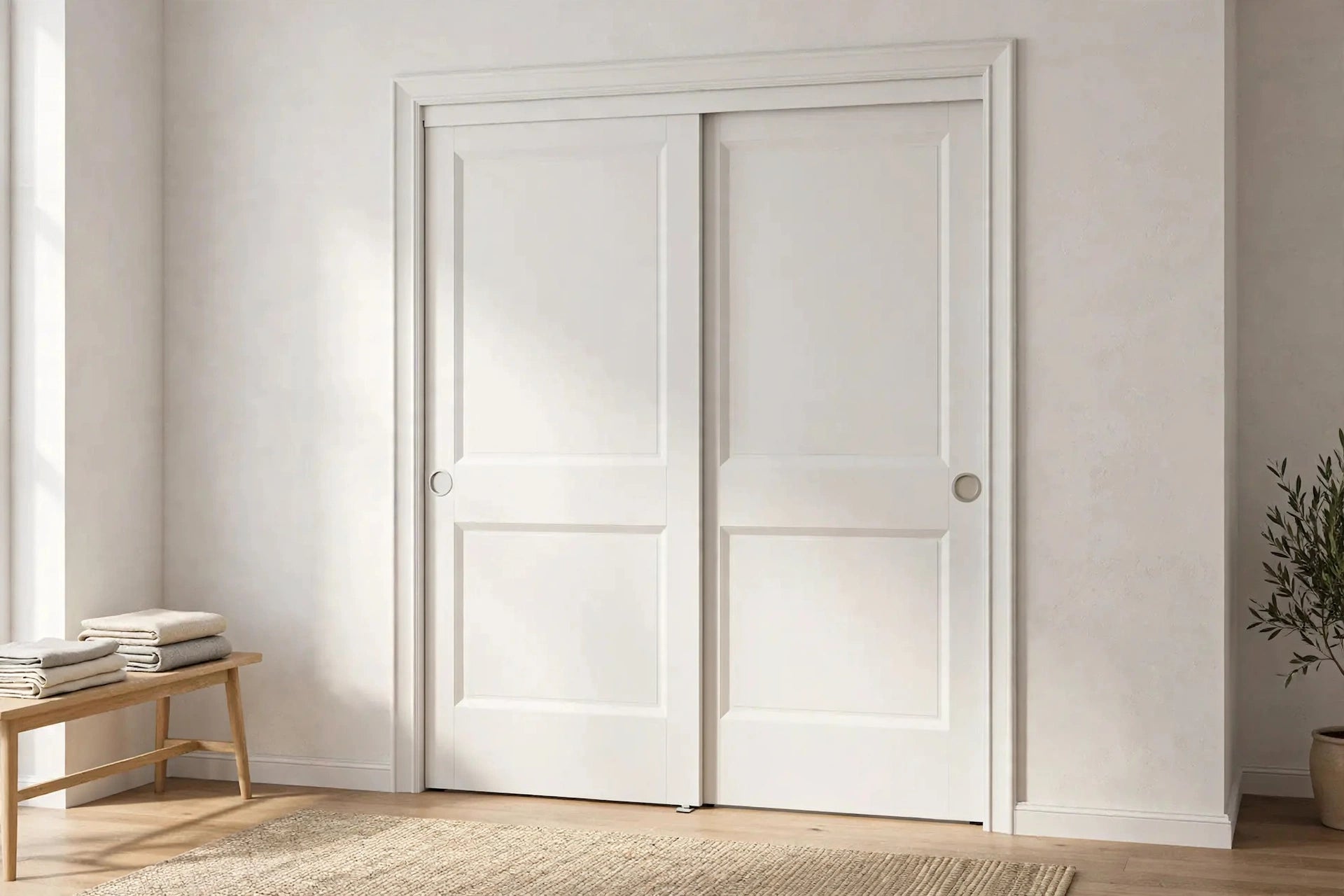 White two-panel sliding closet doors in a Nordic bedroom